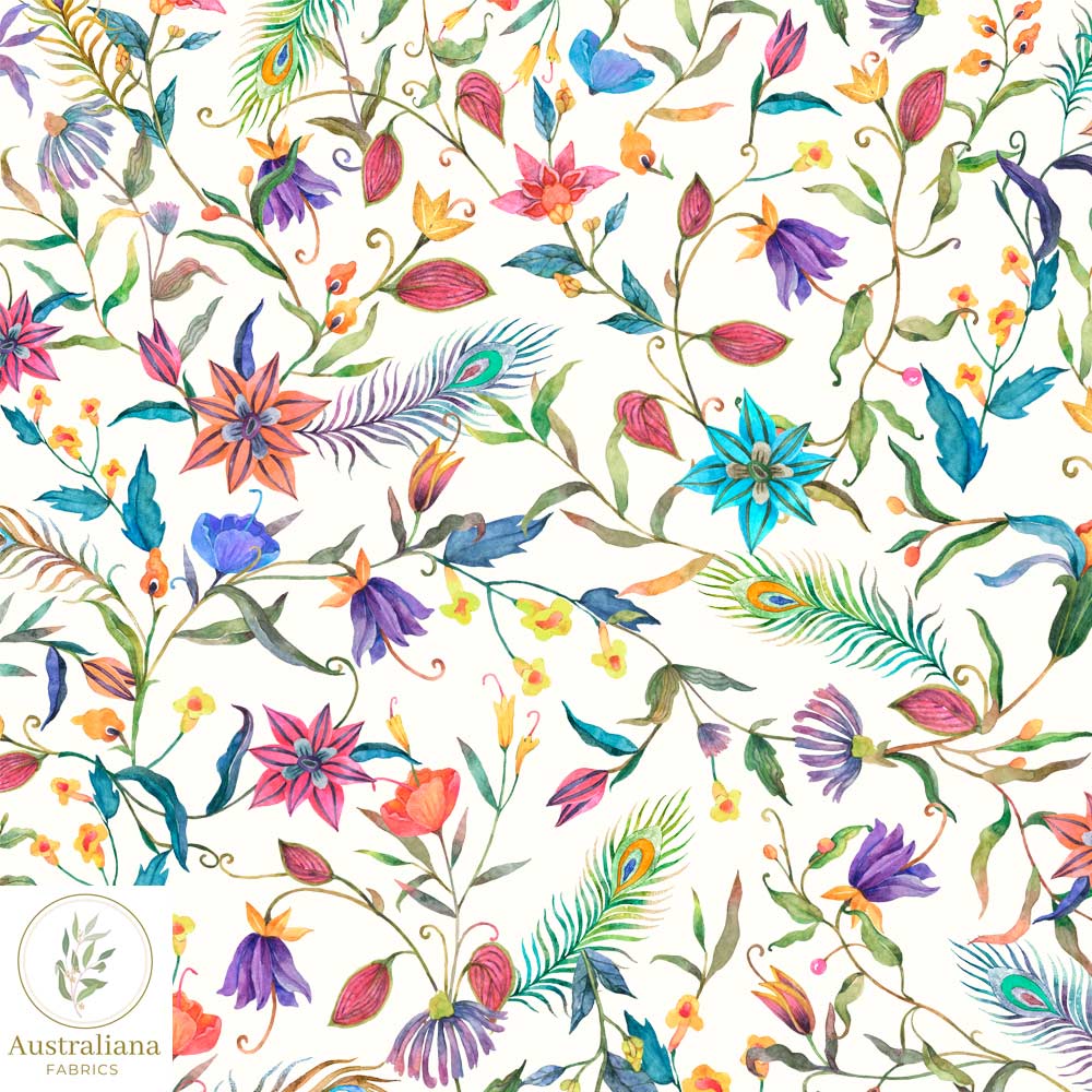 Australiana Fabrics Fabric 1 metre / Cotton Sateen / Cream Watercolour Peacock Feathers and Flowers
