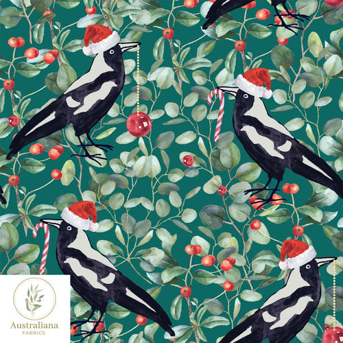 Australiana Fabrics Fabric 1 metre / Green / Cotton sateen Christmas Magpie Songs