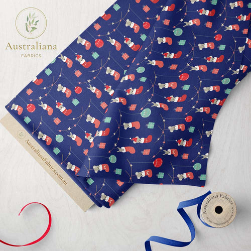 Australiana Fabrics Fabric 1 Metre / Premium woven 100% cotton sateen 150gsm Koala & Kangaroo Christmas Stockings Fabric blue