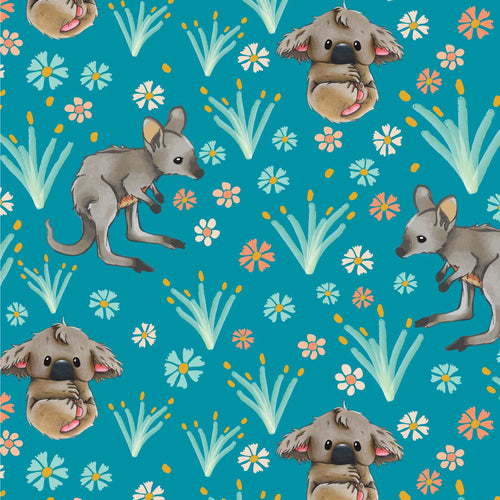 Australiana Fabrics Fabric 1 Metre / Premium woven cotton sateen 150gsm Joey Koala Garden Fabric Blue