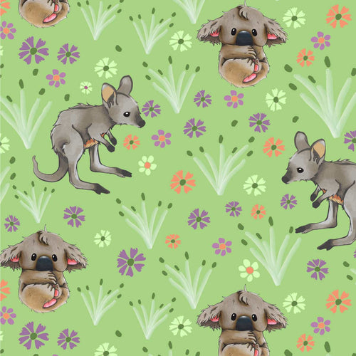 Australiana Fabrics Fabric 1 Metre / Premium woven cotton sateen 150gsm Joey Koala Garden Green Fabric