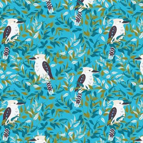 Australiana Fabrics Fabric 1 Metre / Premium woven cotton sateen 150gsm Kookaburra in the gum trees Blue