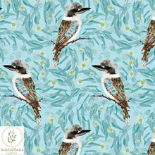 Load image into Gallery viewer, Australiana Fabrics Fabric 1 Metre / Premium woven cotton sateen 150gsm Kookaburras Fabric Blue
