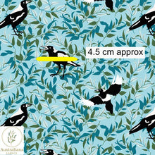 Load image into Gallery viewer, Australiana Fabrics Fabric 1 Metre / Premium woven cotton sateen 150gsm Magpies in the Bush Blue
