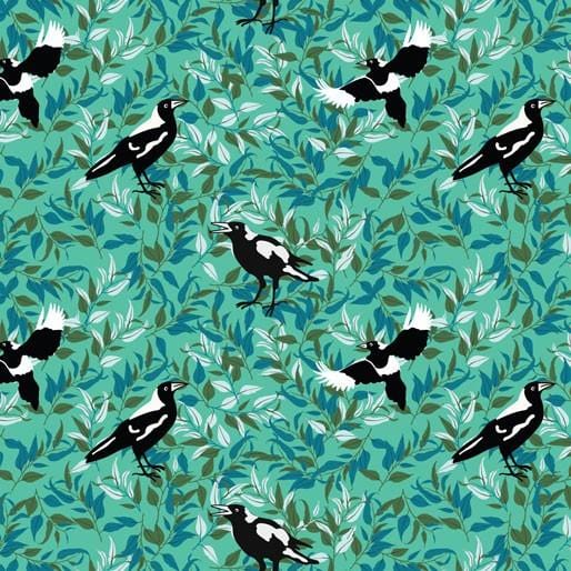 Australiana Fabrics Fabric 1 Metre / Premium woven cotton sateen 150gsm Magpies in the Bush Green