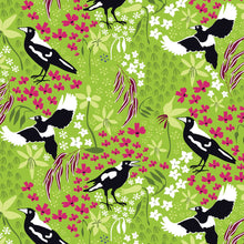 Load image into Gallery viewer, Australiana Fabrics Fabric 1 Metre / Premium woven cotton sateen 150gsm Merry Magpies Fabric on Lime
