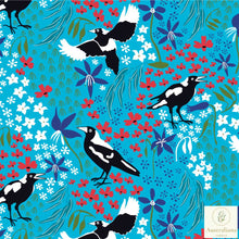 Load image into Gallery viewer, Australiana Fabrics Fabric 1 Metre / Premium woven cotton Sateen 150gsm Merry Magpies Sky Blue
