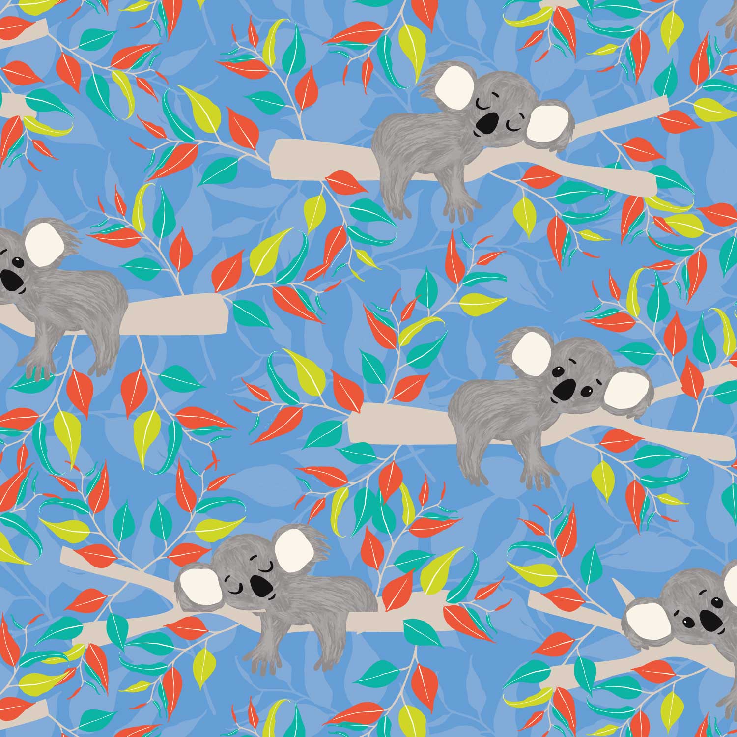 Sleeping Koala Fabric On Blue Australiana Fabrics