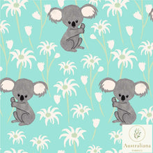 Load image into Gallery viewer, Australiana Fabrics Fabric 1 Metre / Premium woven cotton sateen 150gsm Sweet Koala on Turquoise
