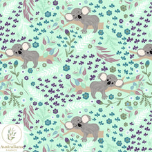 Load image into Gallery viewer, Australiana Fabrics Fabric 1 Metre / Premium Woven cotton sateen 150gsm Sweet Sleepy Koala on Turquoise~ Australian made
