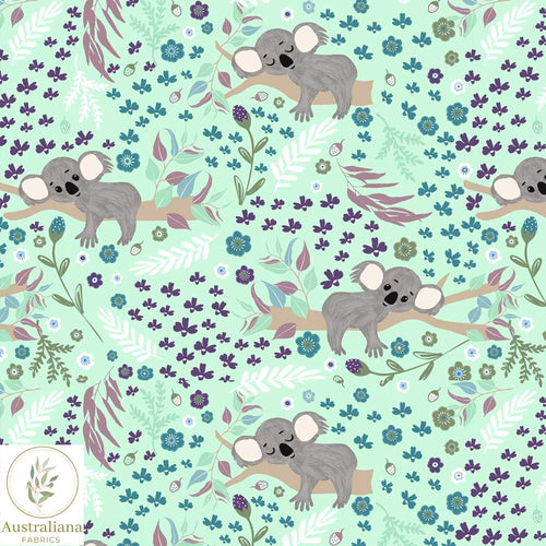 Australiana Fabrics Fabric 1 Metre / Premium Woven cotton sateen 150gsm Sweet Sleepy Koala on Turquoise~ Australian made