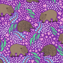 Load image into Gallery viewer, Australiana Fabrics Fabric 1 Metre / Premium woven cotton sateen 150gsm Wombat &amp; Echidna Purple
