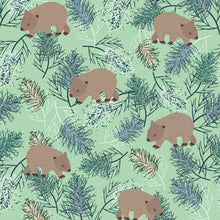 Load image into Gallery viewer, Australiana Fabrics Fabric 1 Metre / Premium woven cotton sateen 150gsm Wombat Wanderings Green
