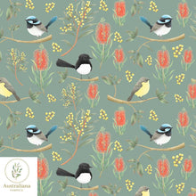 Load image into Gallery viewer, Australiana Fabrics Fabric 100% Linen 220gsm / 1 Metre / Sage Green Willie Wagtails, Blue Wren &amp; Robins - Interiors Scale
