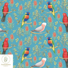 Load image into Gallery viewer, Australiana Fabrics Fabric Cotton Sateen / 1 metre / Blue Rainbow Lorikeet, King Parrot &amp; Galah
