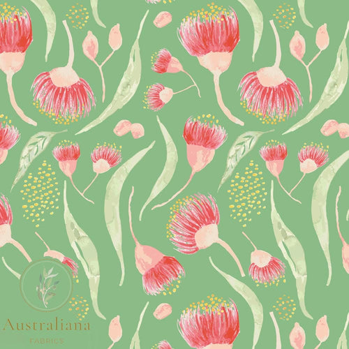Australiana Fabrics Fabric Cotton Sateen / 1 Metre Bush Gum Blossoms Green