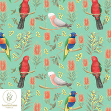 Load image into Gallery viewer, Australiana Fabrics Fabric Cotton Sateen / 1 metre / Vibrant Green Rainbow Lorikeet, King Parrot &amp; Galah
