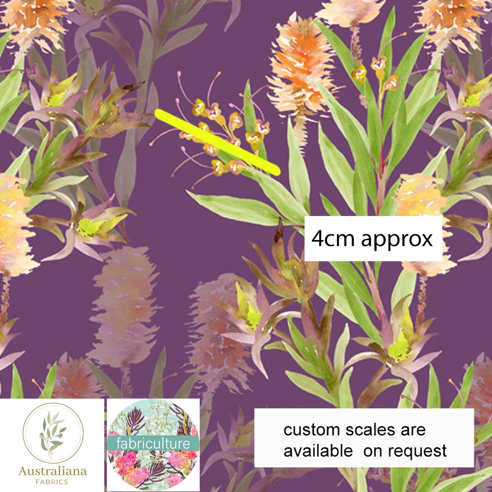 Australiana Fabrics Fabric Cotton Sateen / Length 1 Metre (Cut Continuous) / Medium Bush Banksia in Purple by Fabriculture