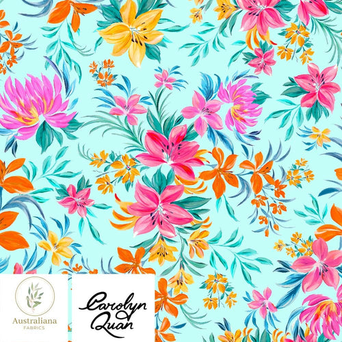 Australiana Fabrics Fabric Organic Cotton Canvas / Length 1 Metre (Cut Continuous) / Floral Tropics on Aqua Bright Floral Tropics Upholstery & Linen Fabrics by Carolyn Quan
