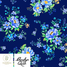 Load image into Gallery viewer, Australiana Fabrics Fabric Premium quality Woven Cotton 150 gsm / Length 50cm (Cut Continuous) / Tropical Vibes on Blue Flower Bouquets by Carolyn Quan

