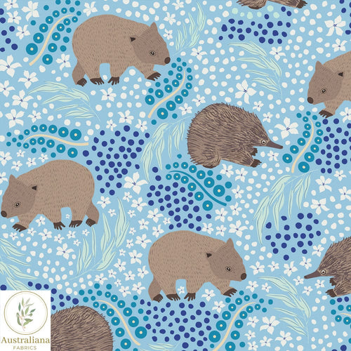 Australiana Fabrics Fabric Premium Quality Woven Cotton sateen 150gsm / 1 Metre (Cut in Continuous lengths) Wombat & Echidna Sky Blue