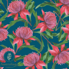 Load image into Gallery viewer, Australiana Fabrics Fabric Premium Quality Woven Cotton sateen 150gsm / Length 50cm (Cut Continuous) Waratah on Blue
