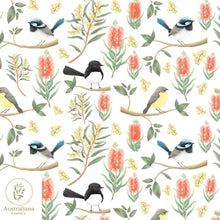 Load image into Gallery viewer, Australiana Fabrics Fabric Premium Woven Cotton 150gsm / 1 Metre / White Willie Wagtails, Blue Wren &amp; Robins - Interiors Scale
