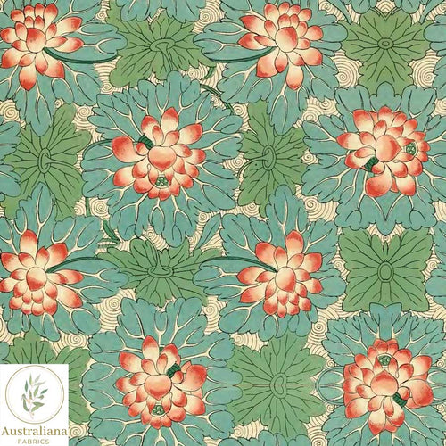 Australiana Fabrics Fabric Premium Woven Cotton 150gsm / Length 50cm (Cut Continuous) Vintage Floral Lotus Flower Fabric