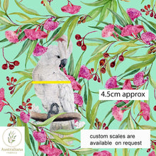 Load image into Gallery viewer, Australiana Fabrics Fabric Roll 1 Metre / Cotton Sateen / medium Pink Cockatoo and Gum Blossoms Aqua
