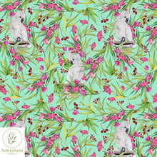 Load image into Gallery viewer, Australiana Fabrics Fabric Roll Pink Cockatoo and Gum Blossoms Aqua
