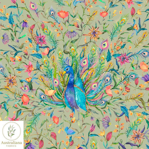 Australiana Fabrics Fabric Watercolour Peacock Dance Sage Green