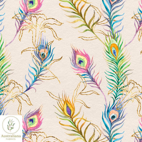 Australiana Fabrics Fabric Watercolour Peacock Feathers Cream