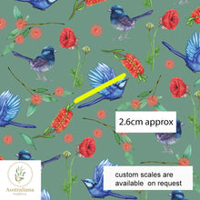 Load image into Gallery viewer, Australiana Fabrics Fabric Woven Cotton Sateen / Length 1 metre (Cut Continuous) / small Blue Wren on Sage Green
