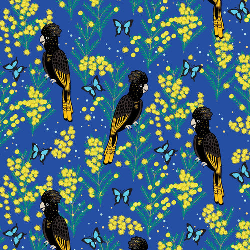 Australiana Fabrics Fabric Yellow Tailed Black Cockatoo on blue, 50cm x 140cm