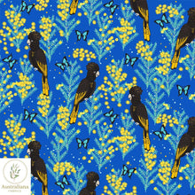 Load image into Gallery viewer, Australiana Fabrics Fabric Yellow Tailed Black Cockatoo on blue, 50cm x 140cm
