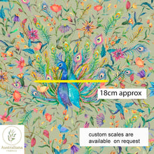 Load image into Gallery viewer, Australiana Fabrics Fabric 1 metre / 100% Linen / large Watercolour Peacock Dance Sage Green
