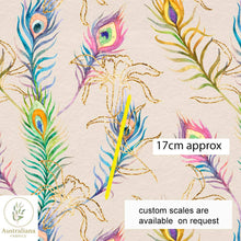 将图片加载到图库查看器，Australiana Fabrics Fabric 1 metre / 100% Linen / large Watercolour Peacock Feathers Cream
