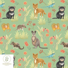 Load image into Gallery viewer, Australiana Fabrics Fabric 1 metre / 100% Linen medium / Green Aussie Outback Animals
