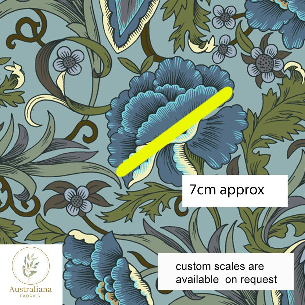 Australiana Fabrics Fabric 1 metre / 100% Linen medium / Medium Scale Blue Floral Art Nouveau Blooms