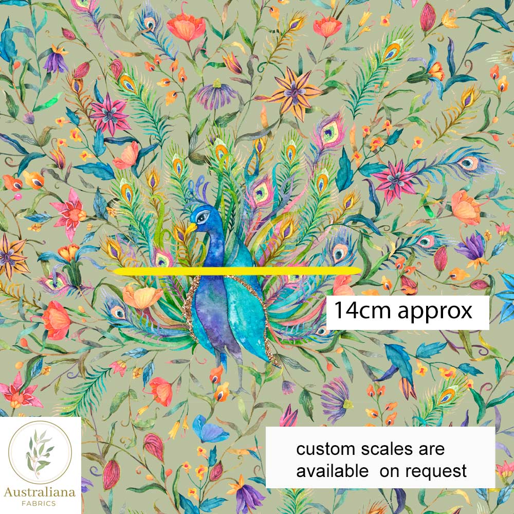 Australiana Fabrics Fabric 1 metre / 100% Linen / medium Watercolour Peacock Dance Sage Green