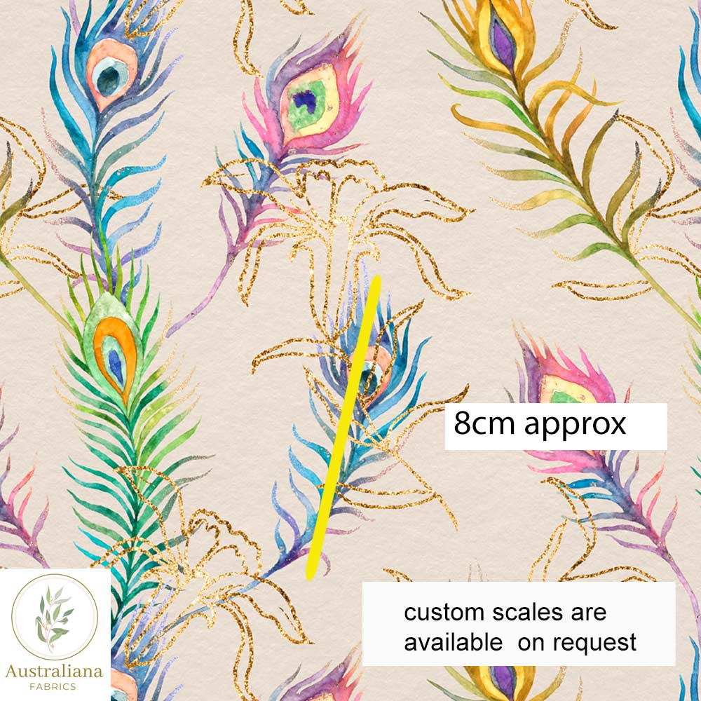 Australiana Fabrics Fabric 1 metre / 100% Linen / medium Watercolour Peacock Feathers Cream