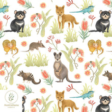 Load image into Gallery viewer, Australiana Fabrics Fabric 1 metre / 100% Linen medium / White Aussie Outback Animals
