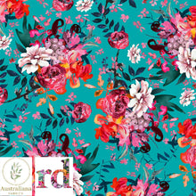 将图片加载到图库查看器，Australiana Fabrics Fabric 1 metre / Aqua / Cotton Sateen Bed of Roses by Rathenart
