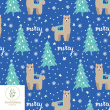 Load image into Gallery viewer, Australiana Fabrics Fabric 1 metre / Blue / Cotton Sateen Aussie Christmas Llamas Red
