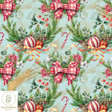 Load image into Gallery viewer, Australiana Fabrics Fabric 1 metre / Blue / Cotton sateen Christmas Candy Canes &amp; Baubles
