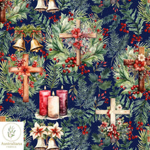 Load image into Gallery viewer, Australiana Fabrics Fabric 1 metre / blue / Cotton sateen Christmas Christian Crosses &amp; Bells
