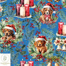 Load image into Gallery viewer, Australiana Fabrics Fabric 1 metre / blue / Cotton sateen Christmas Puppies
