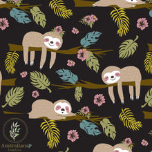 Load image into Gallery viewer, Australiana Fabrics Fabric 1 metre / Cotton Sateen / Black Sleeping Sloths
