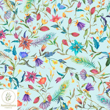 将图片加载到图库查看器，Australiana Fabrics Fabric 1 metre / Cotton Sateen / Blue Watercolour Peacock Feathers and Flowers
