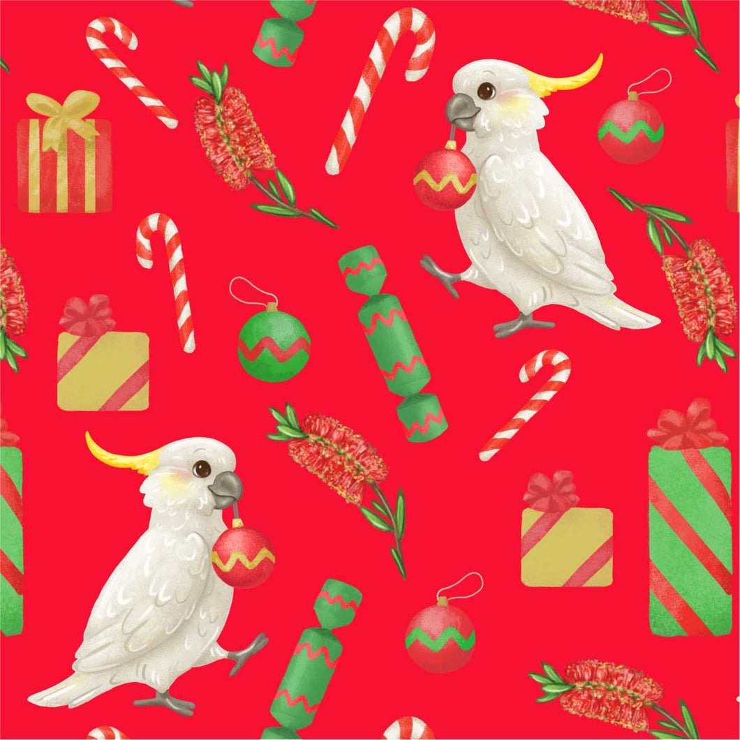 Australiana Fabrics Fabric 1 Metre / Cotton Sateen Cockatoo Jingle Red Fabric
